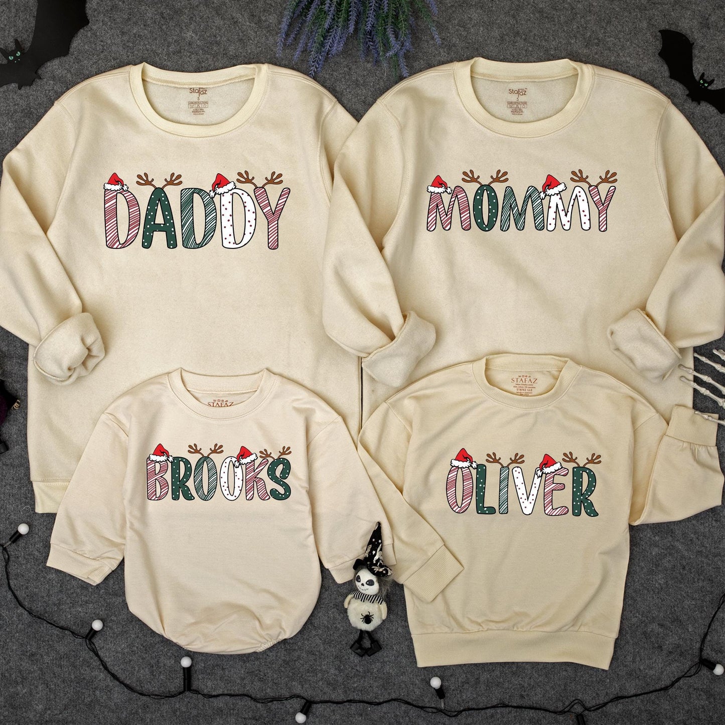 Personalized Christmas Family Sweatshirts Daddy Mommy Custom Names with Reindeer Antlers and Santa Hats Festive Holiday Outfits for Mom Dad and Kids