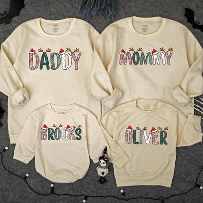 Personalized Christmas Family Sweatshirts Daddy Mommy Custom Names with Reindeer Antlers and Santa Hats Festive Holiday Outfits for Mom Dad and Kids