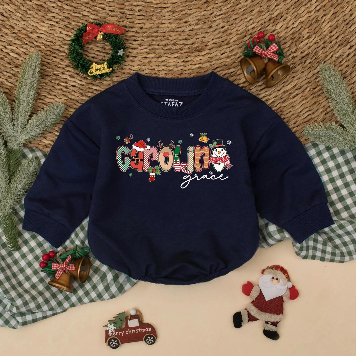 Custom Name Christmas Bubble Romper for Baby Girl First Holiday Outfit with Festive Santa Snowman Whimsical Red Green Design Newborn Shower Gift