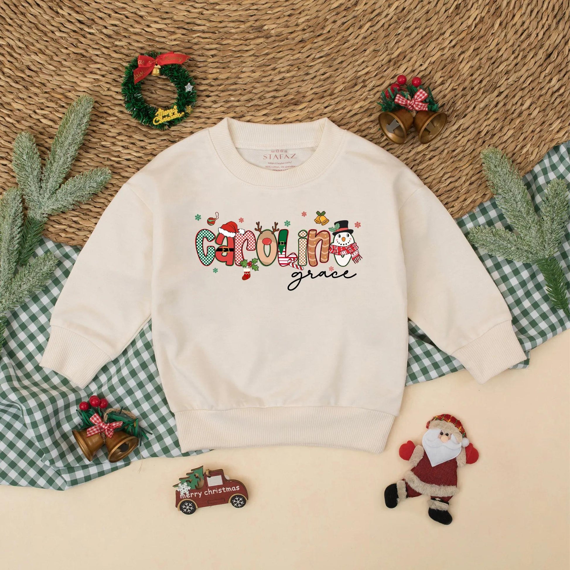 Custom Name Christmas Bubble Romper for Baby Girl First Holiday Outfit with Festive Santa Snowman Whimsical Red Green Design Newborn Shower Gift