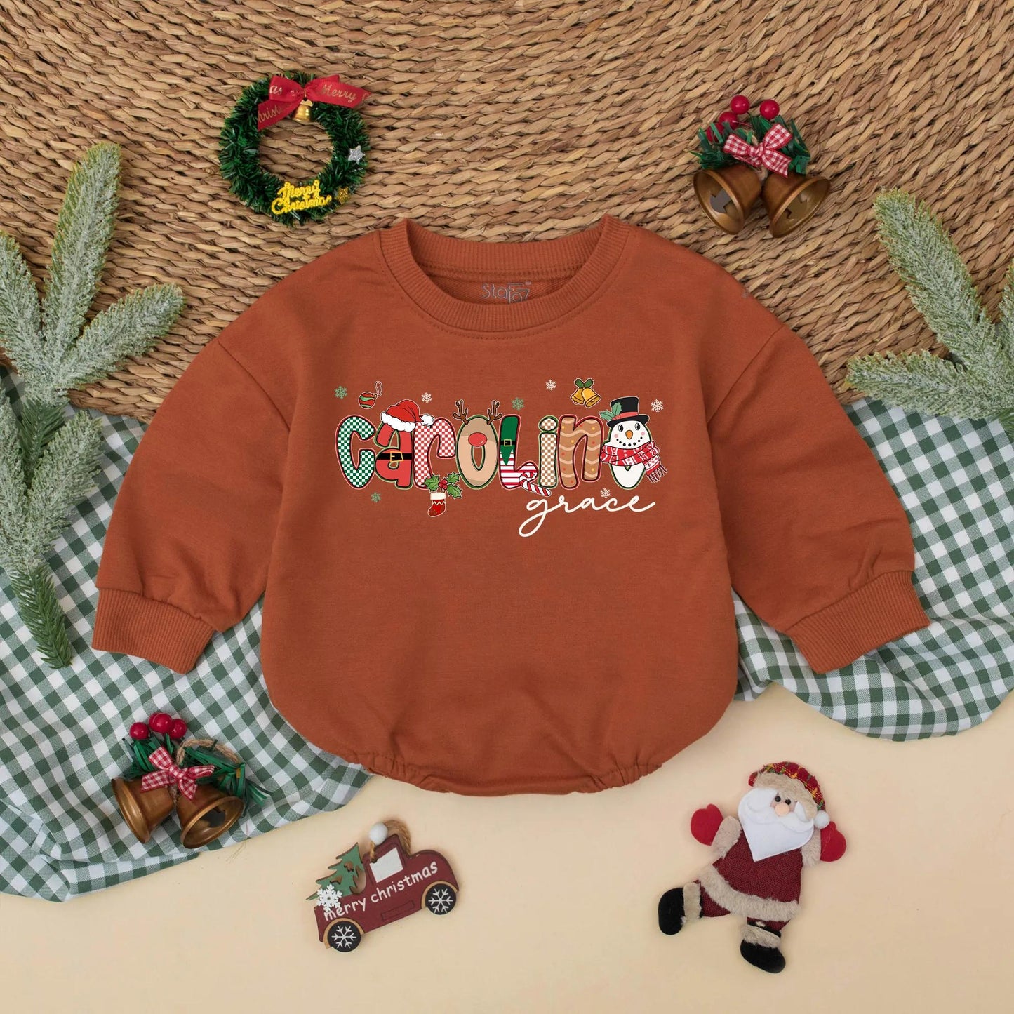 Custom Name Christmas Bubble Romper for Baby Girl First Holiday Outfit with Festive Santa Snowman Whimsical Red Green Design Newborn Shower Gift