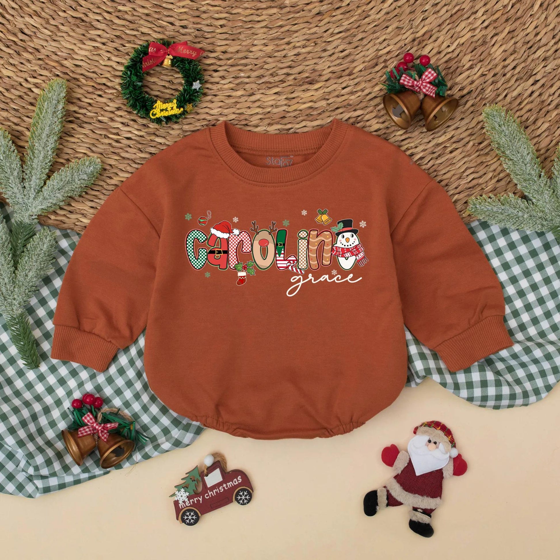 Custom Name Christmas Bubble Romper for Baby Girl First Holiday Outfit with Festive Santa Snowman Whimsical Red Green Design Newborn Shower Gift