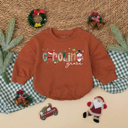 Custom Name Christmas Bubble Romper for Baby Girl First Holiday Outfit with Festive Santa Snowman Whimsical Red Green Design Newborn Shower Gift