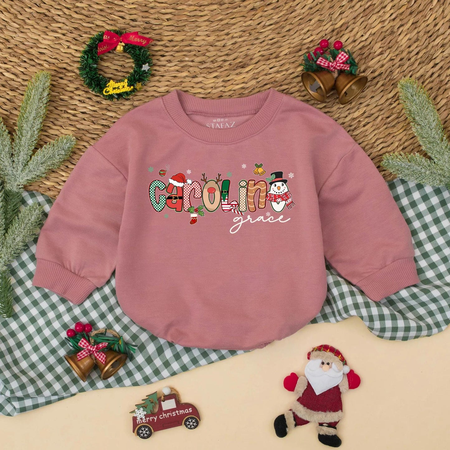 Custom Name Christmas Bubble Romper for Baby Girl First Holiday Outfit with Festive Santa Snowman Whimsical Red Green Design Newborn Shower Gift