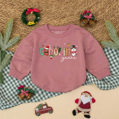 Custom Name Christmas Bubble Romper for Baby Girl First Holiday Outfit with Festive Santa Snowman Whimsical Red Green Design Newborn Shower Gift