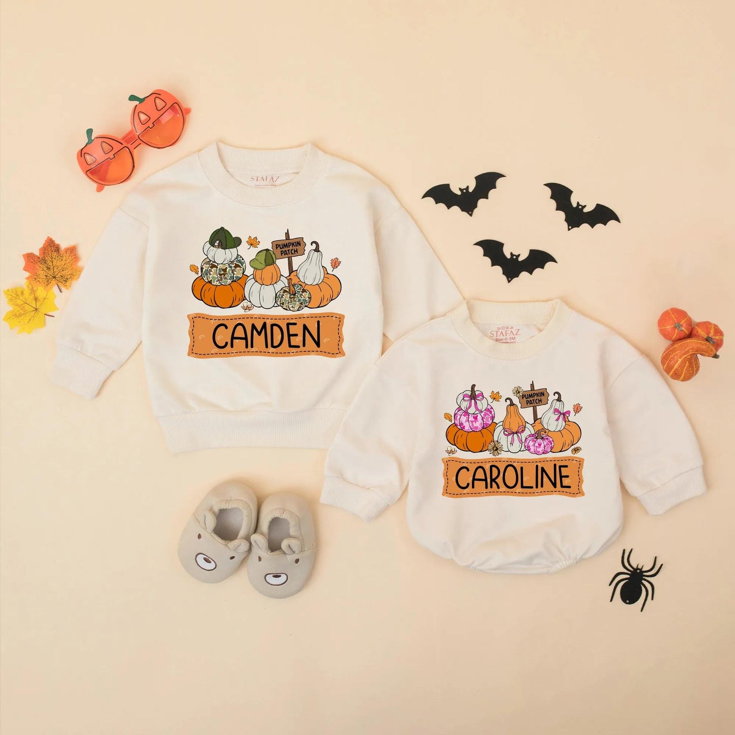 Personalized Pumpkin Patch Baby Outfit Romper, Custom Name Fall Toddler Sweatshirt, Whimsical Pumpkin Season Bodysuit for Girls Boys 138 chars