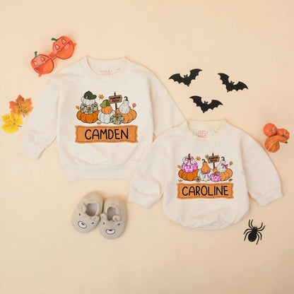 Personalized Pumpkin Patch Baby Outfit Romper, Custom Name Fall Toddler Sweatshirt, Whimsical Pumpkin Season Bodysuit for Girls Boys 138 chars