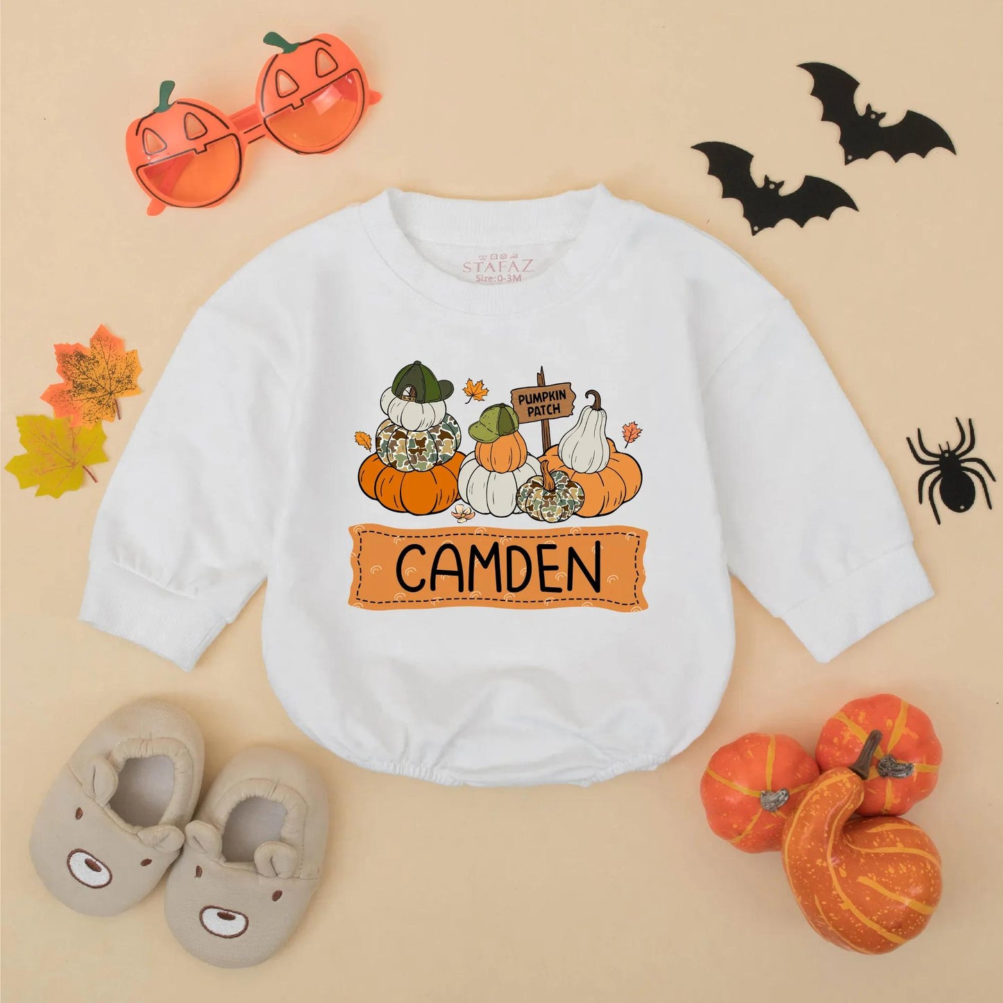 Personalized Pumpkin Patch Baby Outfit Romper, Custom Name Fall Toddler Sweatshirt, Whimsical Pumpkin Season Bodysuit for Girls Boys 138 chars