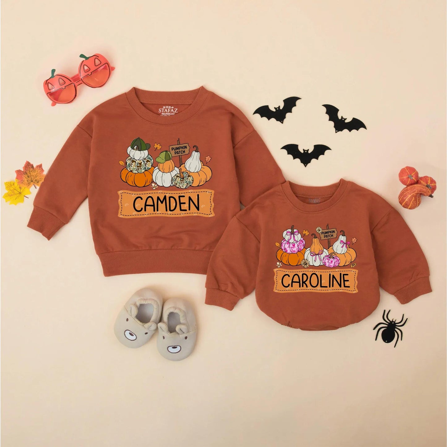 Personalized Pumpkin Patch Baby Outfit Romper, Custom Name Fall Toddler Sweatshirt, Whimsical Pumpkin Season Bodysuit for Girls Boys 138 chars