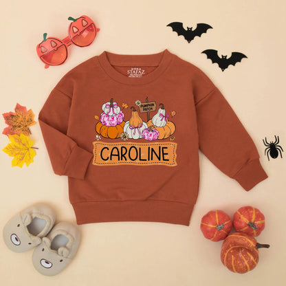 Personalized Pumpkin Patch Baby Outfit Romper, Custom Name Fall Toddler Sweatshirt, Whimsical Pumpkin Season Bodysuit for Girls Boys 138 chars