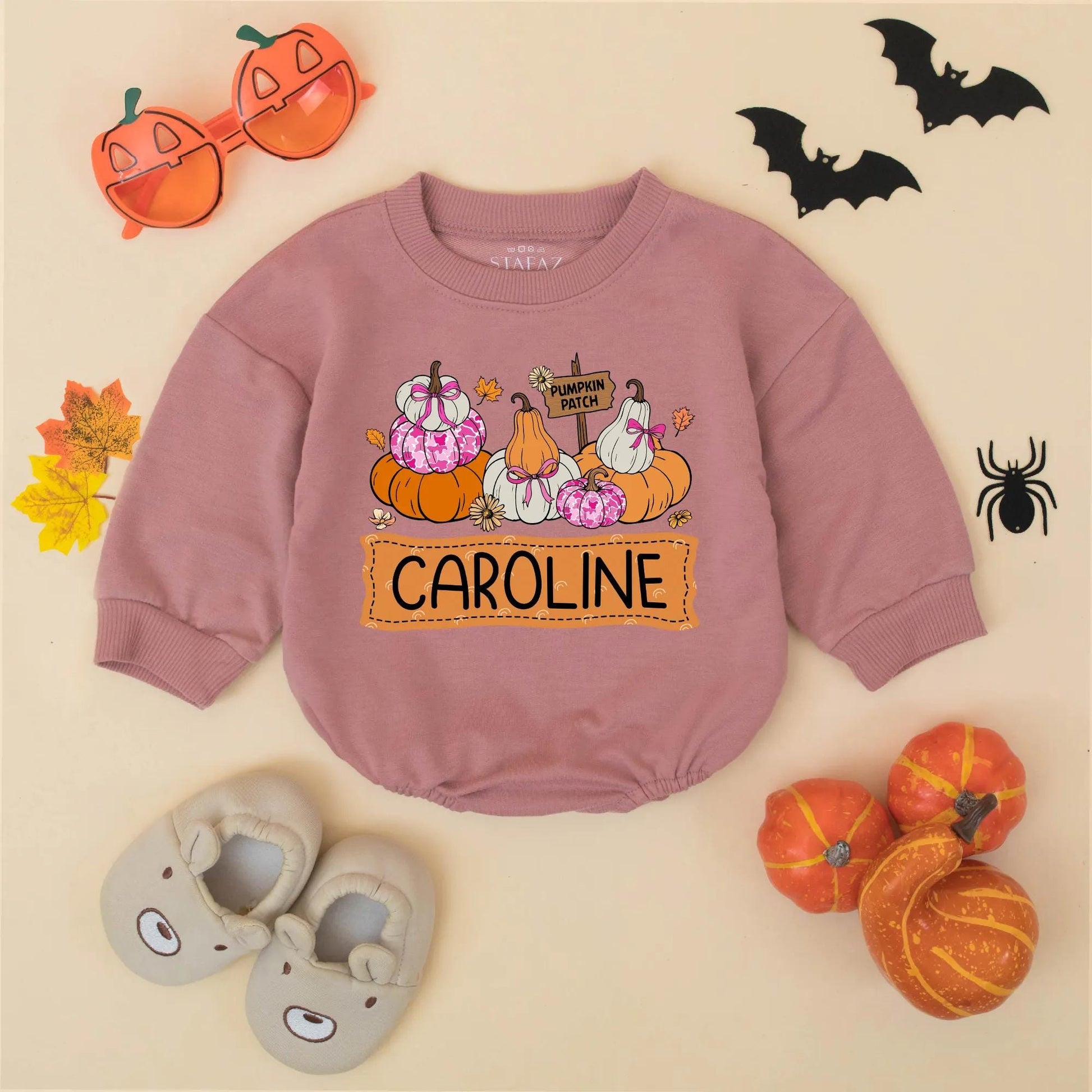 Personalized Pumpkin Patch Baby Outfit Romper, Custom Name Fall Toddler Sweatshirt, Whimsical Pumpkin Season Bodysuit for Girls Boys 138 chars