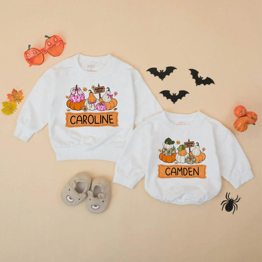 Personalized Pumpkin Patch Baby Outfit Romper, Custom Name Fall Toddler Sweatshirt, Whimsical Pumpkin Season Bodysuit for Girls Boys 138 chars
