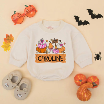 Personalized Pumpkin Patch Baby Outfit Romper, Custom Name Fall Toddler Sweatshirt, Whimsical Pumpkin Season Bodysuit for Girls Boys 138 chars