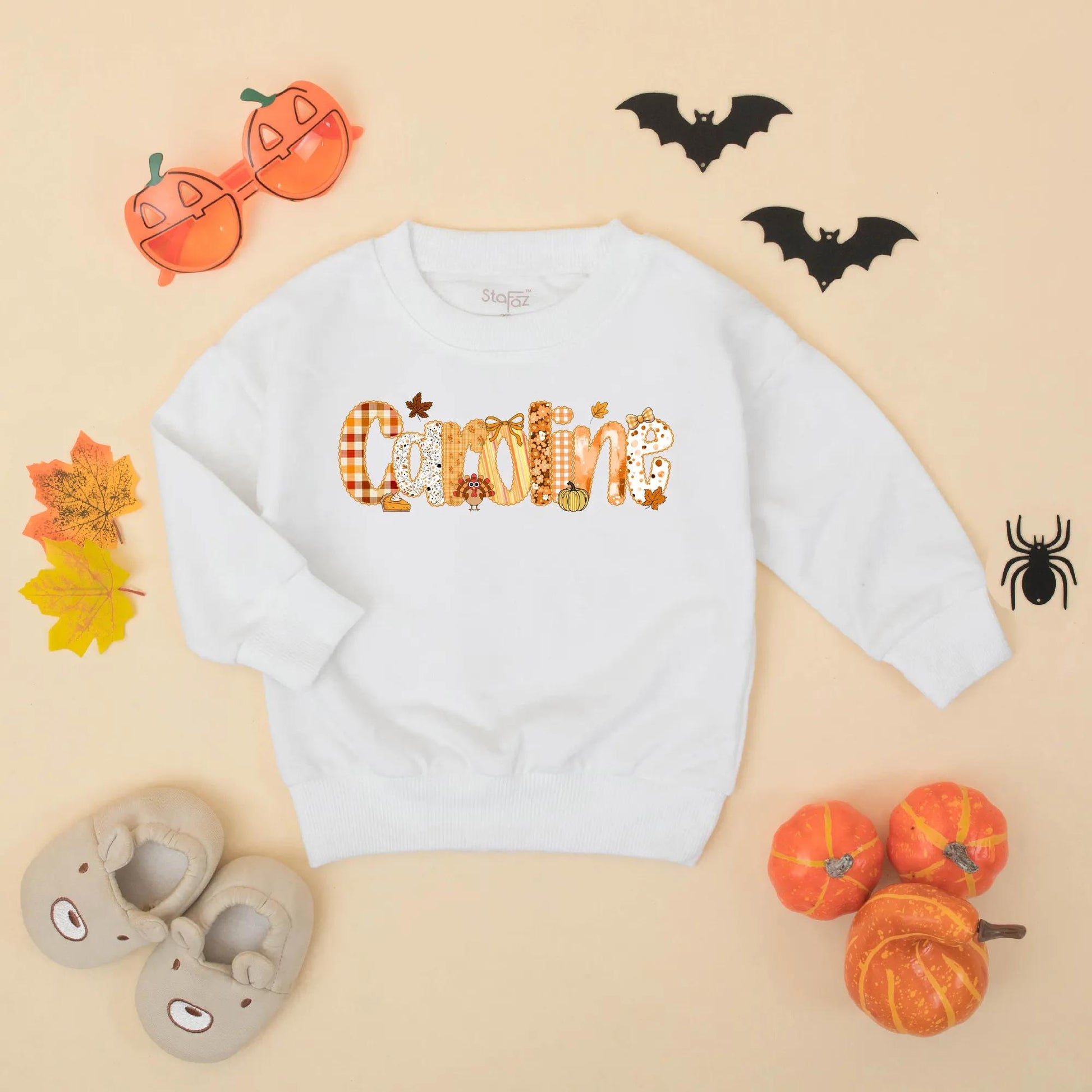 Personalized Caroline Bubble Romper, Preppy Fall Thanksgiving Baby Girl Outfit, Name Toddler Bodysuit featuring Pumpkin Plaid Leaf & Turkey Design
