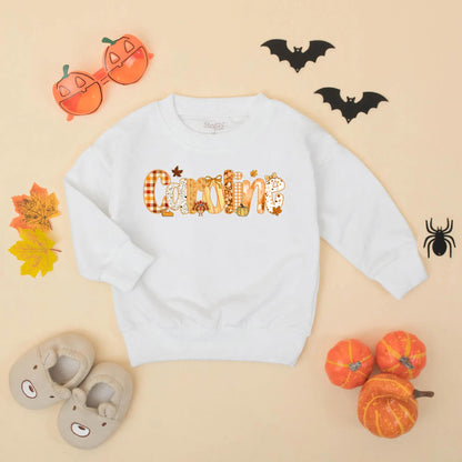 Personalized Caroline Bubble Romper, Preppy Fall Thanksgiving Baby Girl Outfit, Name Toddler Bodysuit featuring Pumpkin Plaid Leaf & Turkey Design