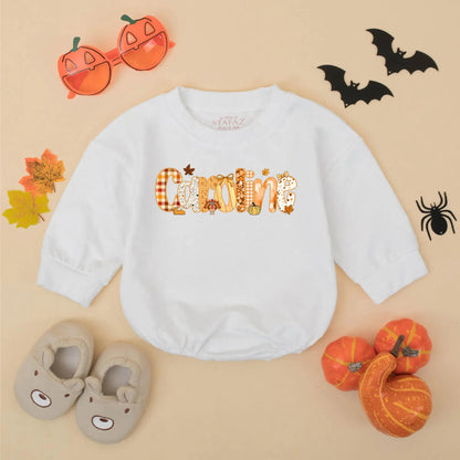 Personalized Caroline Bubble Romper, Preppy Fall Thanksgiving Baby Girl Outfit, Name Toddler Bodysuit featuring Pumpkin Plaid Leaf & Turkey Design