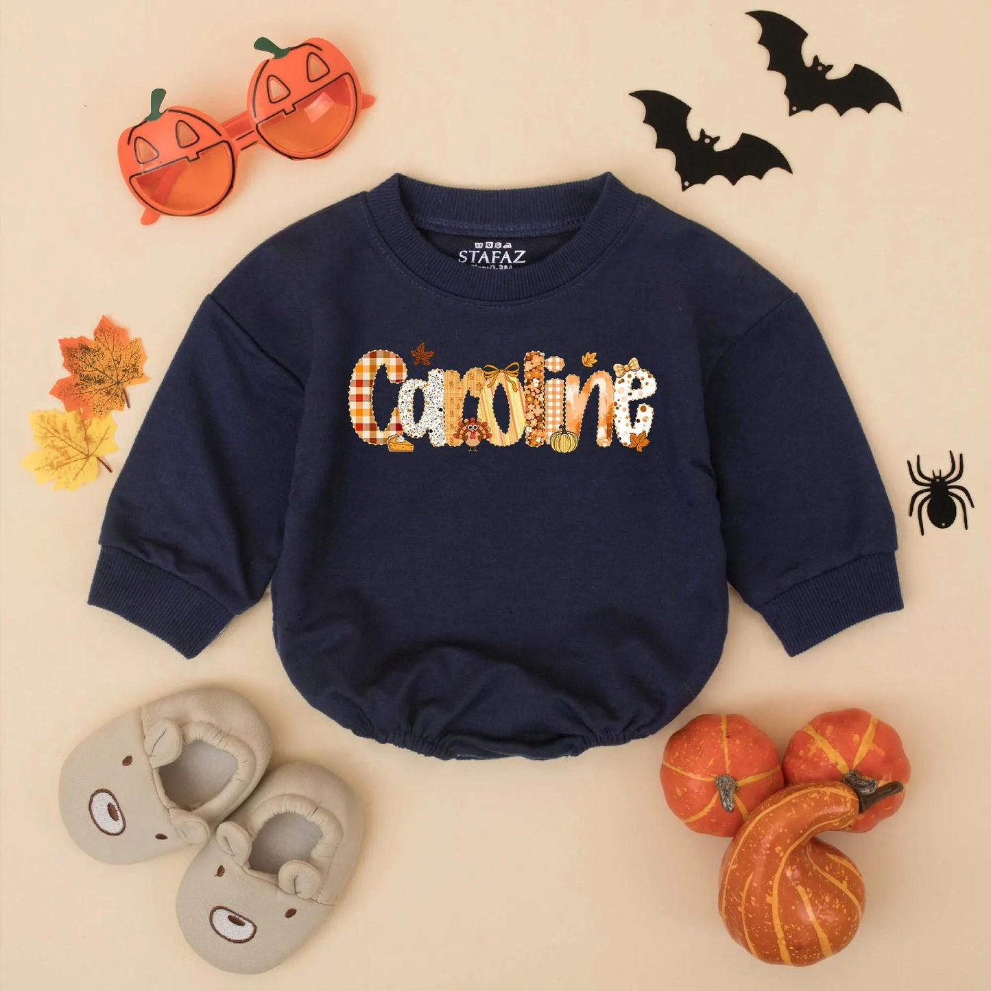 Personalized Caroline Bubble Romper, Preppy Fall Thanksgiving Baby Girl Outfit, Name Toddler Bodysuit featuring Pumpkin Plaid Leaf & Turkey Design