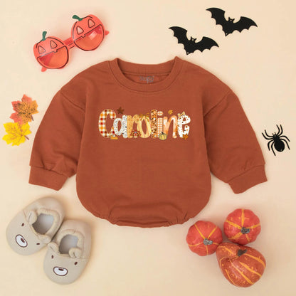 Personalized Caroline Bubble Romper, Preppy Fall Thanksgiving Baby Girl Outfit, Name Toddler Bodysuit featuring Pumpkin Plaid Leaf & Turkey Design