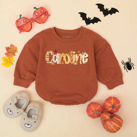 Personalized Caroline Bubble Romper, Preppy Fall Thanksgiving Baby Girl Outfit, Name Toddler Bodysuit featuring Pumpkin Plaid Leaf & Turkey Design