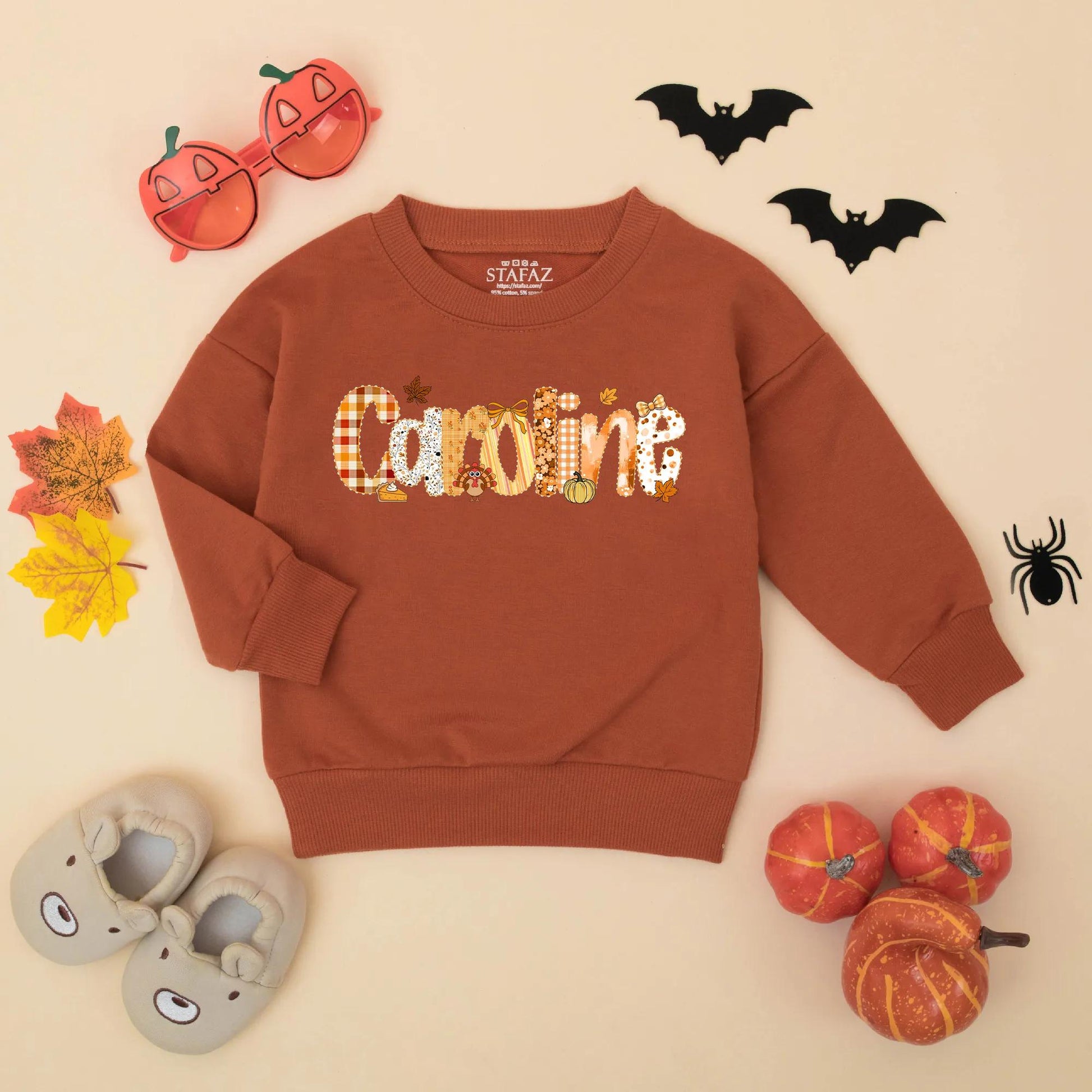 Personalized Caroline Bubble Romper, Preppy Fall Thanksgiving Baby Girl Outfit, Name Toddler Bodysuit featuring Pumpkin Plaid Leaf & Turkey Design