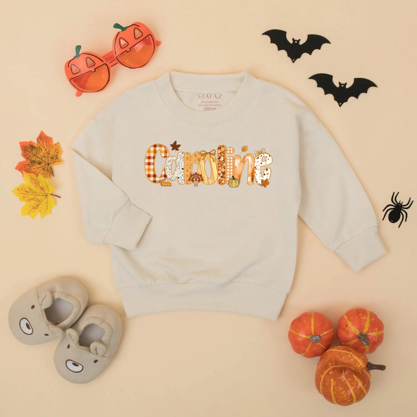 Personalized Caroline Bubble Romper, Preppy Fall Thanksgiving Baby Girl Outfit, Name Toddler Bodysuit featuring Pumpkin Plaid Leaf & Turkey Design
