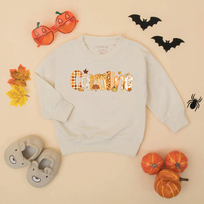 Personalized Caroline Bubble Romper, Preppy Fall Thanksgiving Baby Girl Outfit, Name Toddler Bodysuit featuring Pumpkin Plaid Leaf & Turkey Design