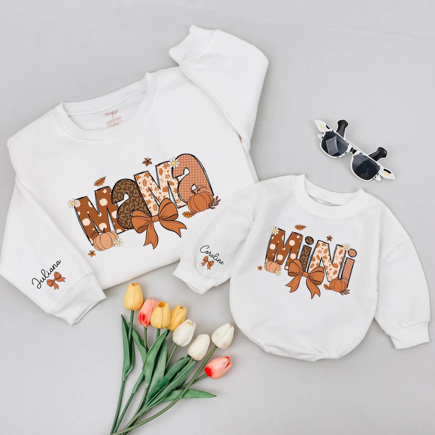Mama and Mini Matching Fall Sweatshirts, Retro Groovy Pumpkin Outfit, Custom Names, Autumn Leaves, Vintage Style Mommy and Me Personalized Sweaters