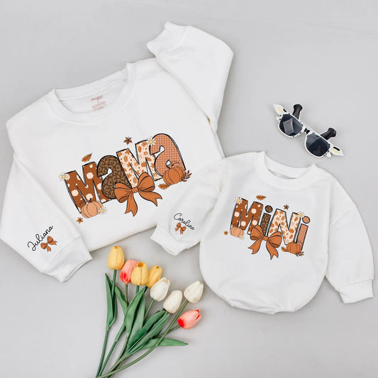 Mama and Mini Matching Fall Sweatshirts, Retro Groovy Pumpkin Outfit, Custom Names, Autumn Leaves, Vintage Style Mommy and Me Personalized Sweaters