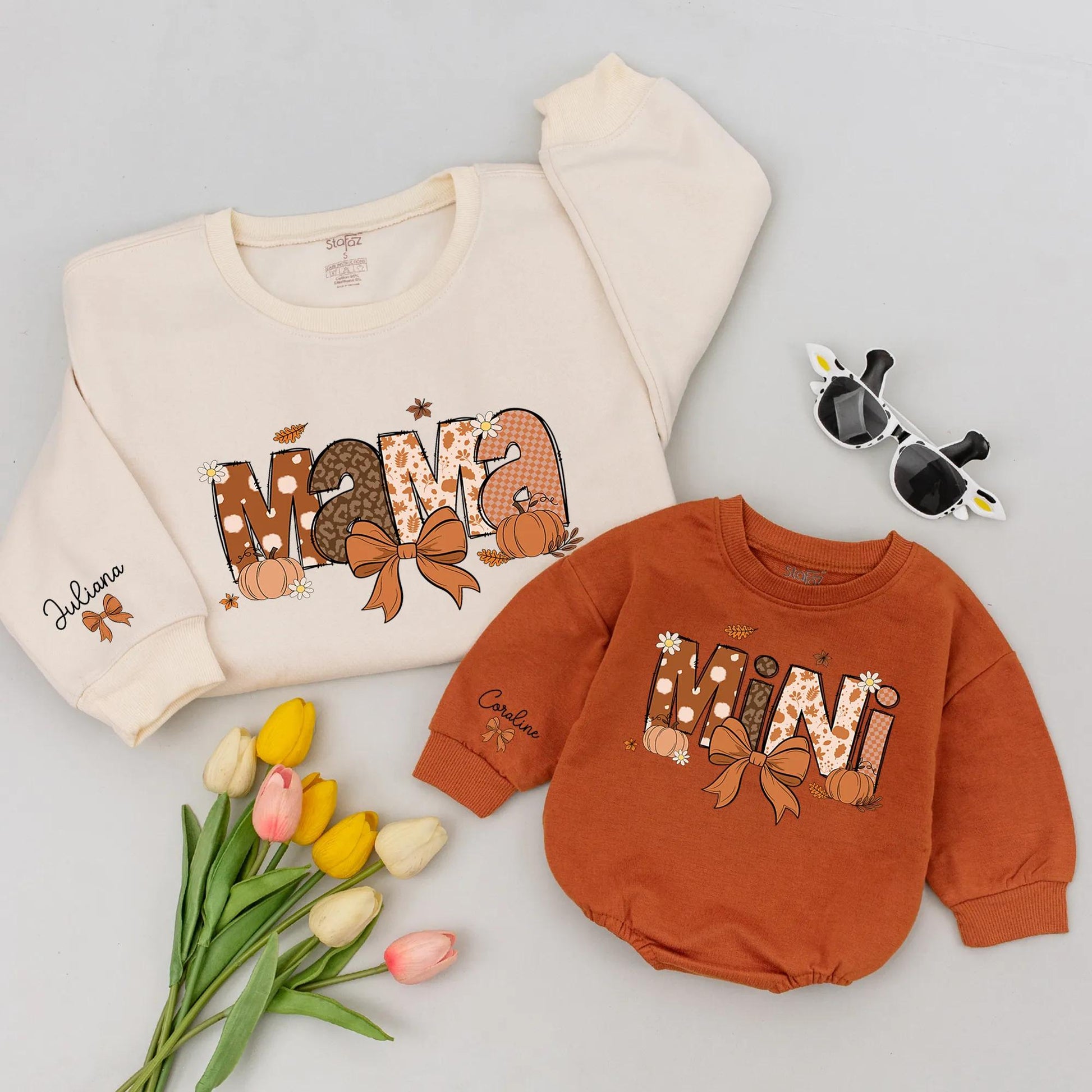 Mama and Mini Matching Fall Sweatshirts, Retro Groovy Pumpkin Outfit, Custom Names, Autumn Leaves, Vintage Style Mommy and Me Personalized Sweaters