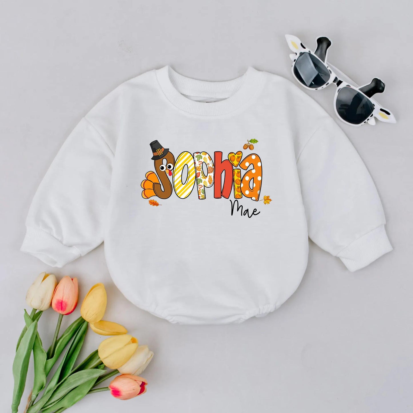 Custom Sophia Mae Thanksgiving Romper, First Fall Outfit, Personalized Autumn Baby Bodysuit, Brown Turkey Pumpkin Outfit, Festive Thanksgiving Gift 139