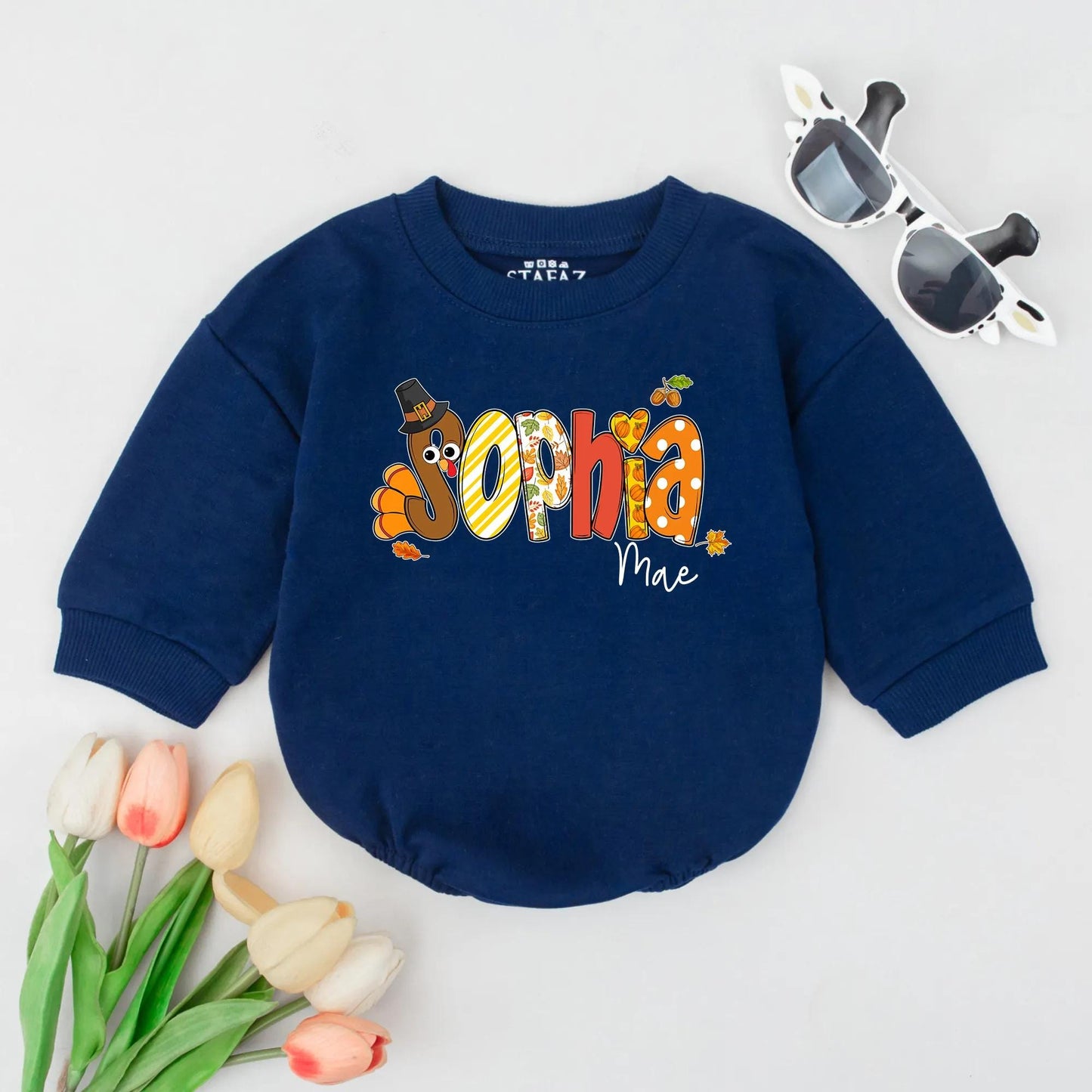 Custom Sophia Mae Thanksgiving Romper, First Fall Outfit, Personalized Autumn Baby Bodysuit, Brown Turkey Pumpkin Outfit, Festive Thanksgiving Gift 139