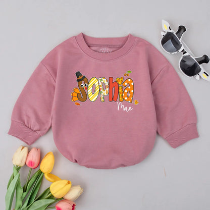Custom Sophia Mae Thanksgiving Romper, First Fall Outfit, Personalized Autumn Baby Bodysuit, Brown Turkey Pumpkin Outfit, Festive Thanksgiving Gift 139