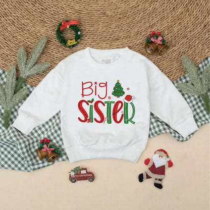 Big Brother Little Sister Matching Christmas Holiday Outfits Festive Red Green Tree Holly Sibling Sweatshirt Romper Family Photo Pregnancy Announcement