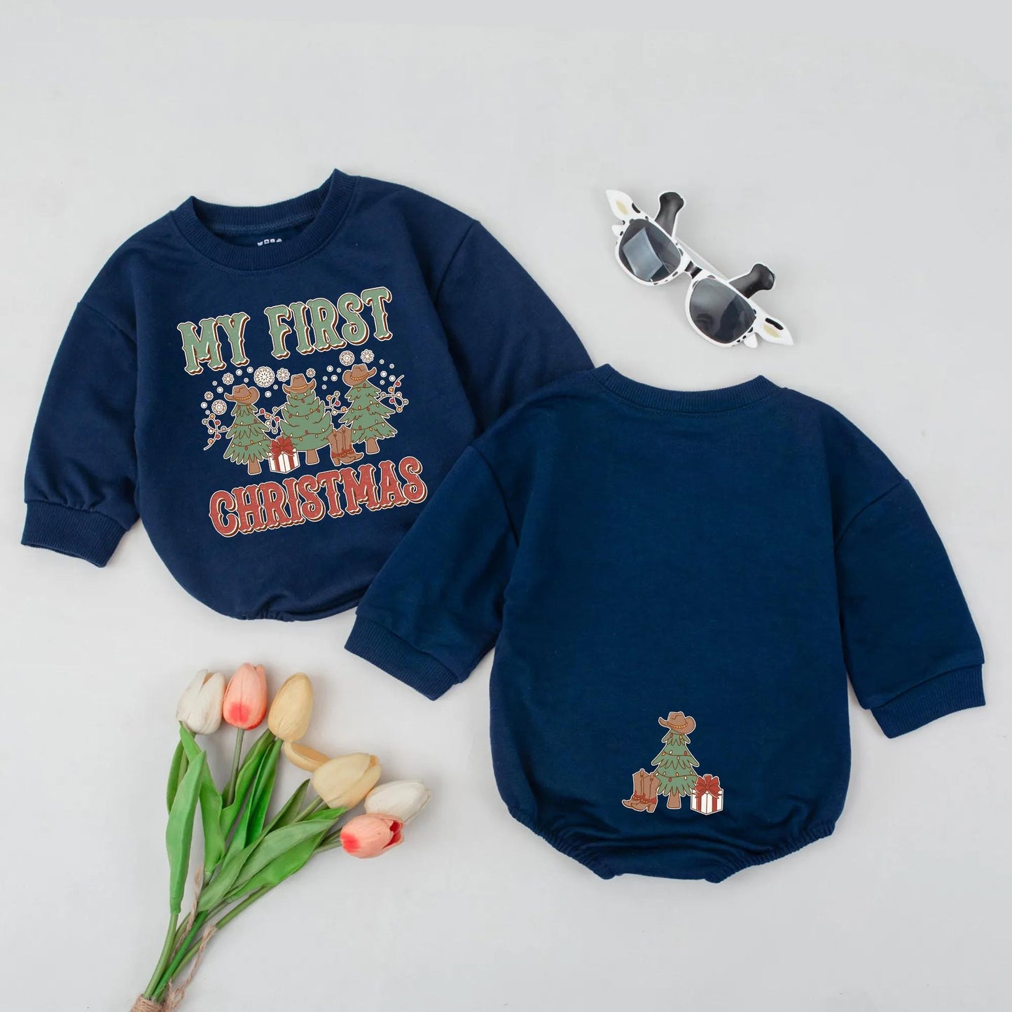 Western Christmas Bubble Romper Baby's First Christmas Outfit Retro Cowboy Holiday Gift Rustic Xmas Bodysuit Baby Announcement Clothes
