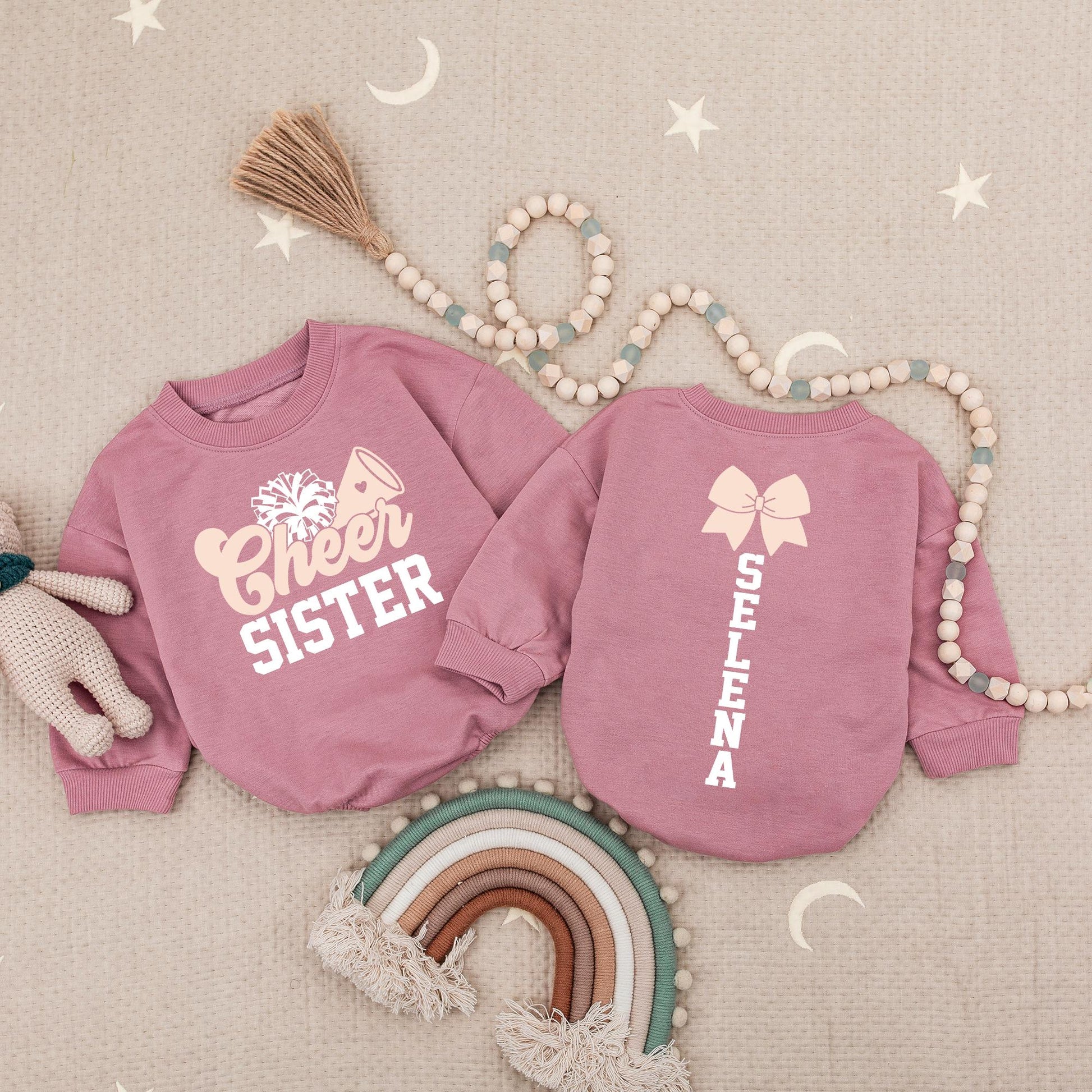 Custom Cheer Sister Romper: Name & Number Personalized Cheerleading Outfit, Cute Game Day Baby Romper Football Design, Adorable Gift, Soft Cotton, 135 chars