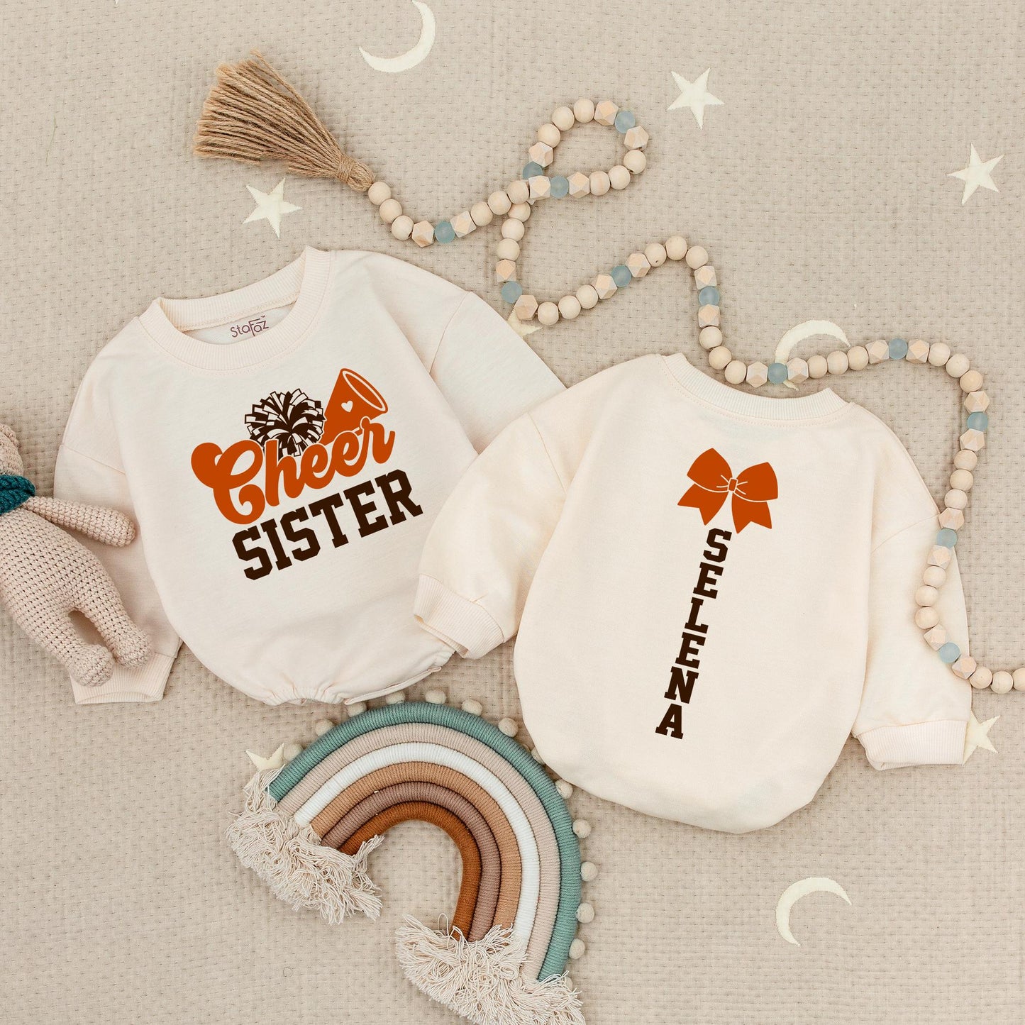 Custom Cheer Sister Romper: Name & Number Personalized Cheerleading Outfit, Cute Game Day Baby Romper Football Design, Adorable Gift, Soft Cotton, 135 chars