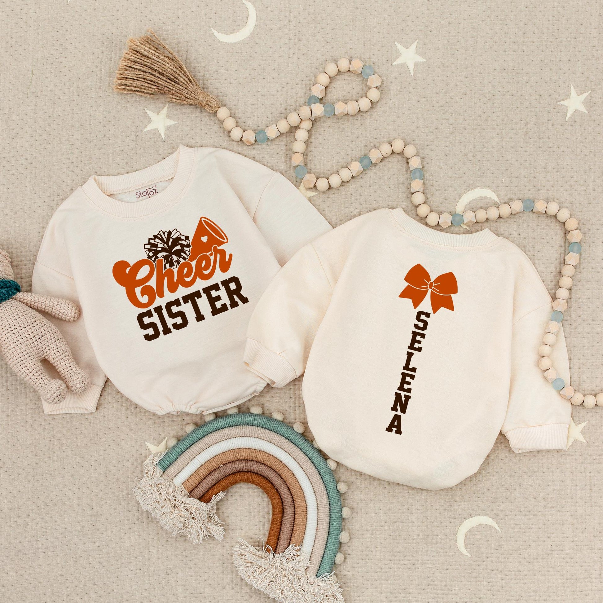 Custom Cheer Sister Romper: Name & Number Personalized Cheerleading Outfit, Cute Game Day Baby Romper Football Design, Adorable Gift, Soft Cotton, 135 chars