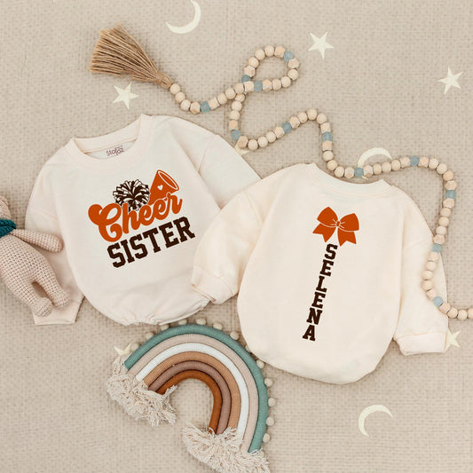 Custom Cheer Sister Romper: Name & Number Personalized Cheerleading Outfit, Cute Game Day Baby Romper Football Design, Adorable Gift, Soft Cotton, 135 chars