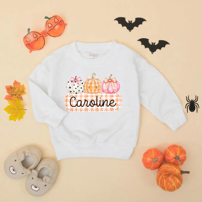 Caroline Cute Pumpkin Bow Romper Personalized Baby Girl Thanksgiving Bodysuit Toddler Autumn Festive Outfit White Orange Pink