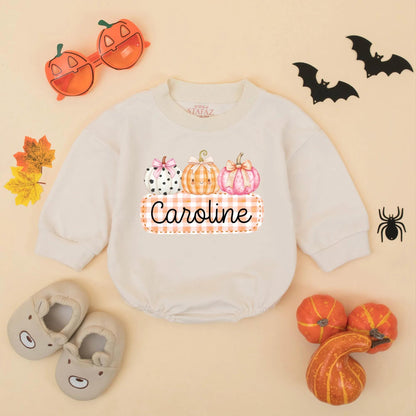 Caroline Cute Pumpkin Bow Romper Personalized Baby Girl Thanksgiving Bodysuit Toddler Autumn Festive Outfit White Orange Pink