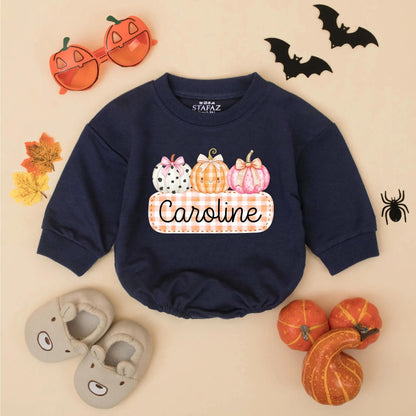Caroline Cute Pumpkin Bow Romper Personalized Baby Girl Thanksgiving Bodysuit Toddler Autumn Festive Outfit White Orange Pink