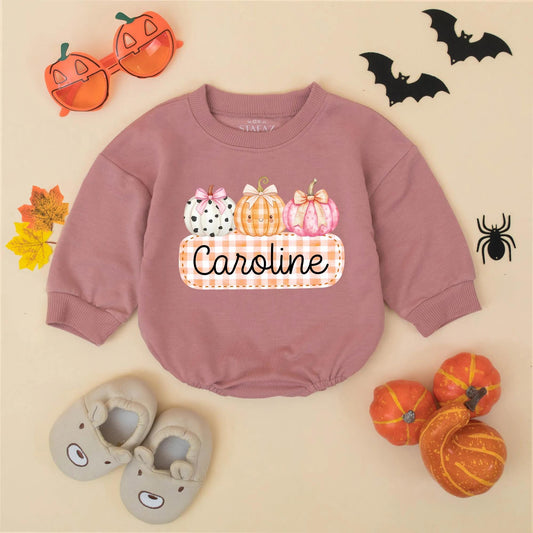 Caroline Cute Pumpkin Bow Romper Personalized Baby Girl Thanksgiving Bodysuit Toddler Autumn Festive Outfit White Orange Pink