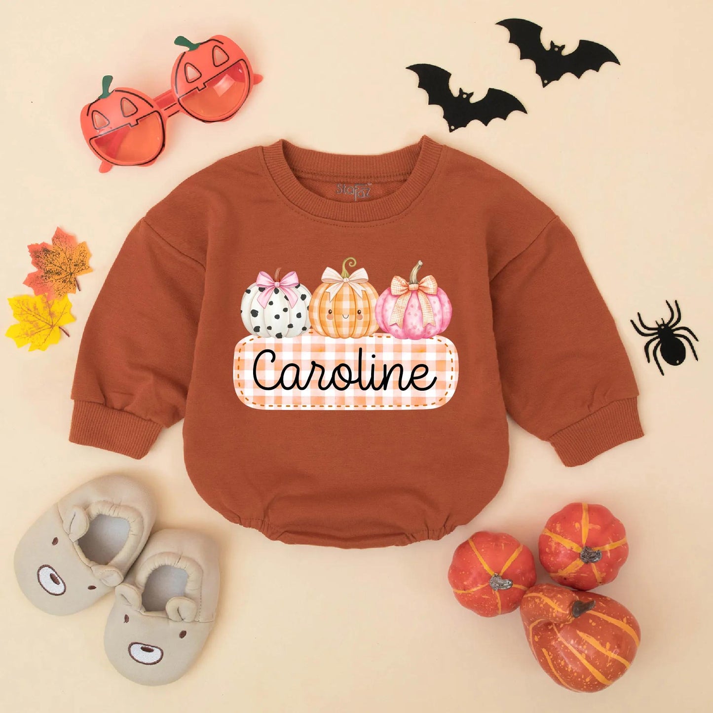 Caroline Cute Pumpkin Bow Romper Personalized Baby Girl Thanksgiving Bodysuit Toddler Autumn Festive Outfit White Orange Pink