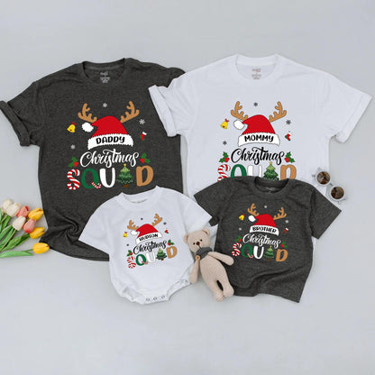 Personalized Christmas Squad Shirts Daddy Mommy Family Matching 2025 Holiday Group Tees with Reindeer Antlers Santa Hats Whimsical Festive Snowflakes Bells