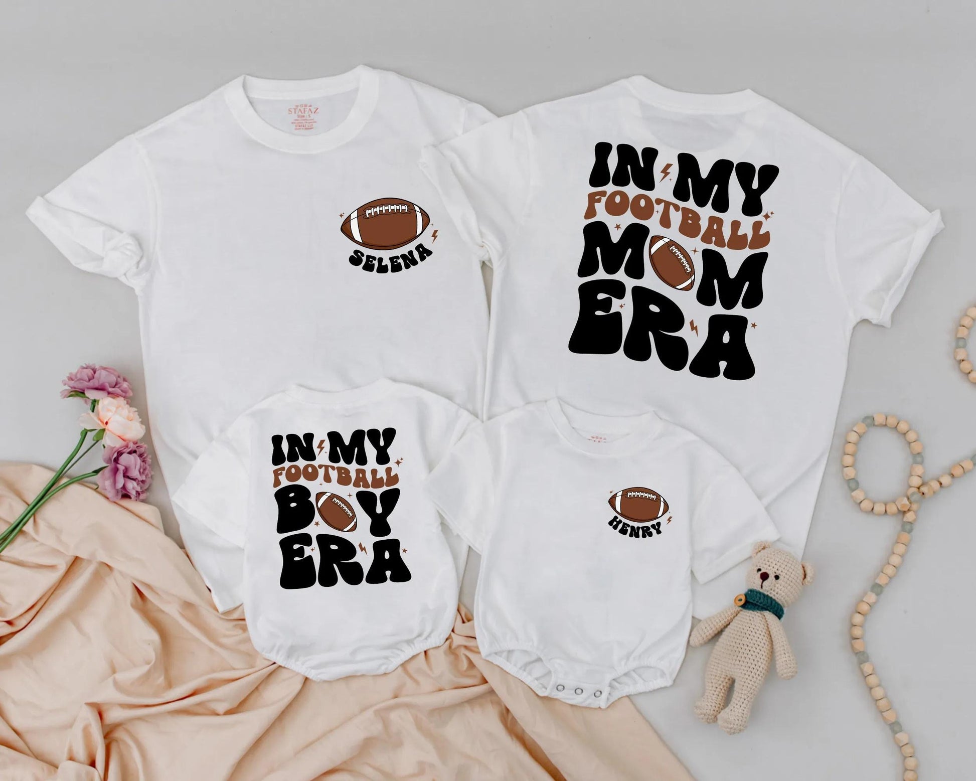 Custom Name Football Mom and Me Matching Shirts, In My Football Era Game Day Outfit, Personalized Family Football Tees, Sport Fan Gift, Football Party (138 chars)