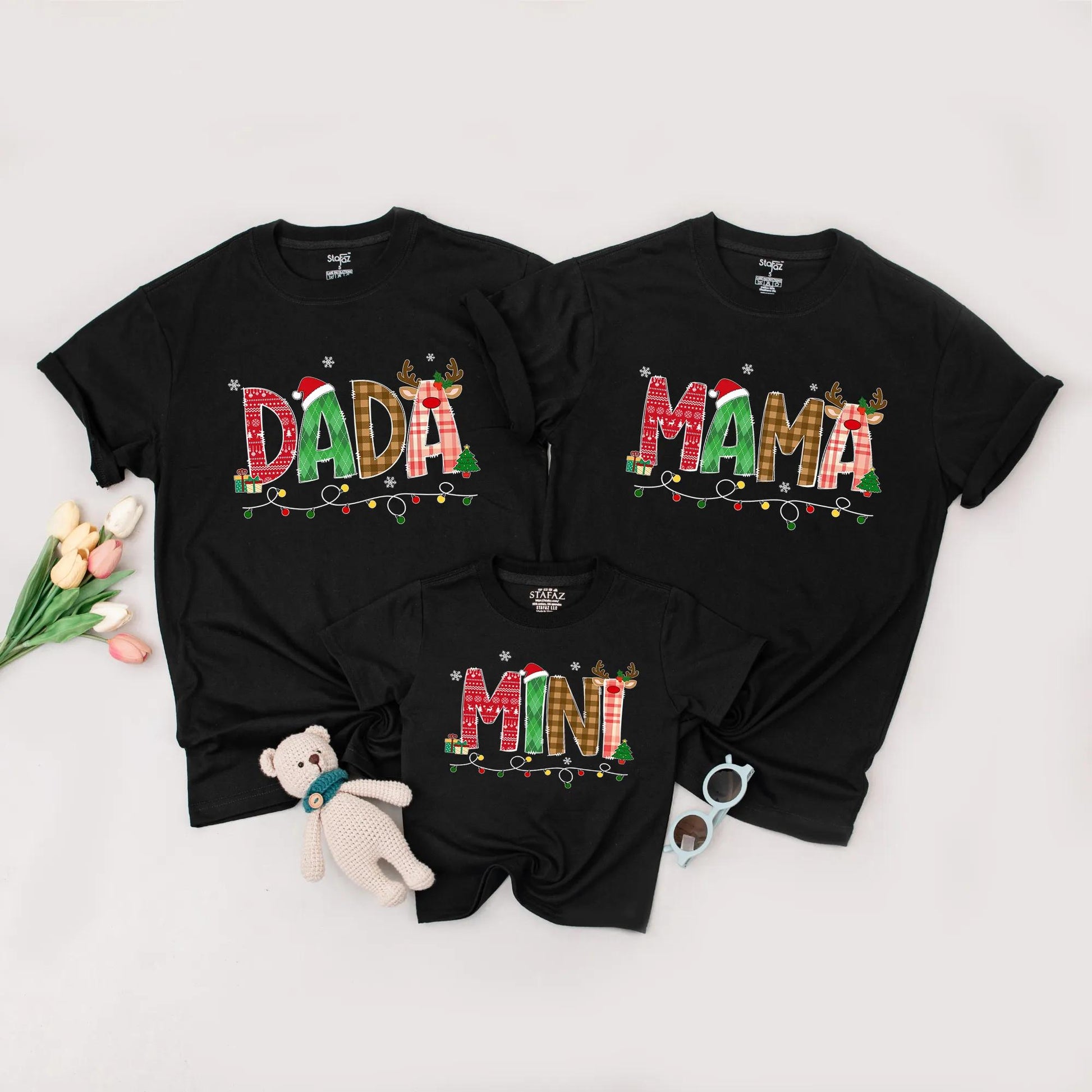 Dada Mama Mini Matching Christmas Family Shirts Festive Holiday Sweater Playful Red Green Plaid Snowflakes Tree Reindeer Santa Gift