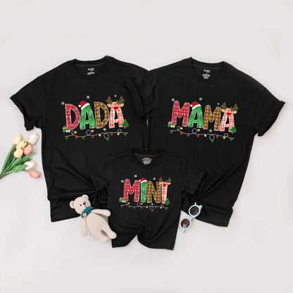 Dada Mama Mini Matching Christmas Family Shirts Festive Holiday Sweater Playful Red Green Plaid Snowflakes Tree Reindeer Santa Gift