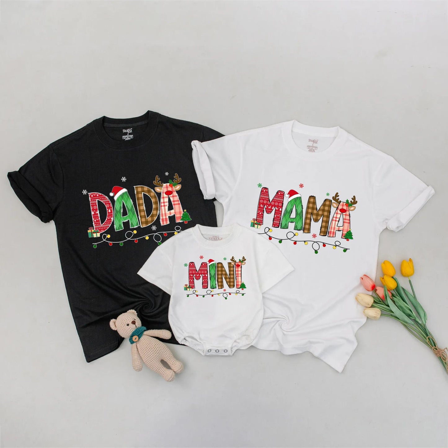 Dada Mama Mini Matching Christmas Family Shirts Festive Holiday Sweater Playful Red Green Plaid Snowflakes Tree Reindeer Santa Gift