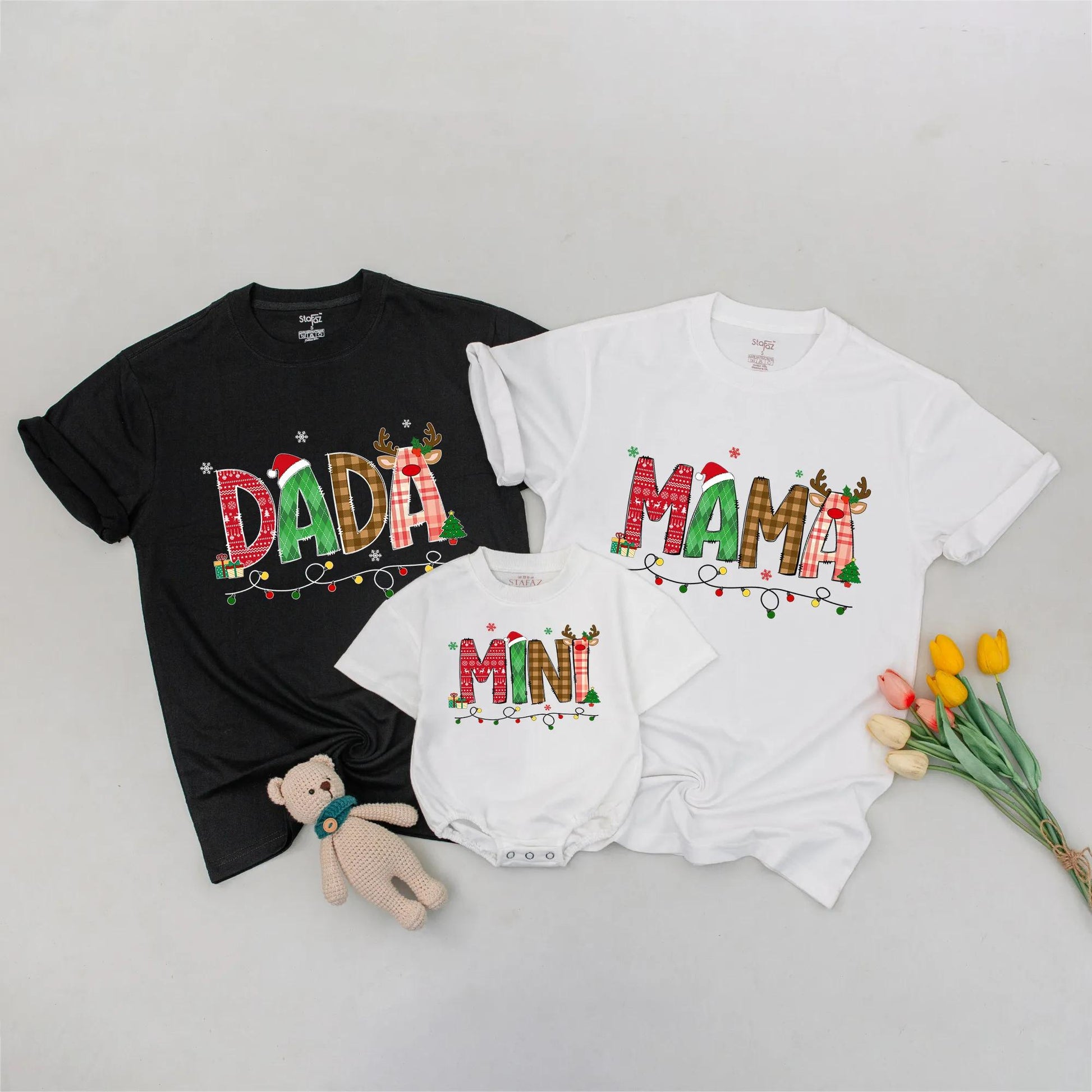 Dada Mama Mini Matching Christmas Family Shirts Festive Holiday Sweater Playful Red Green Plaid Snowflakes Tree Reindeer Santa Gift
