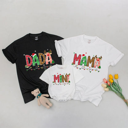 Dada Mama Mini Matching Christmas Family Shirts Festive Holiday Sweater Playful Red Green Plaid Snowflakes Tree Reindeer Santa Gift